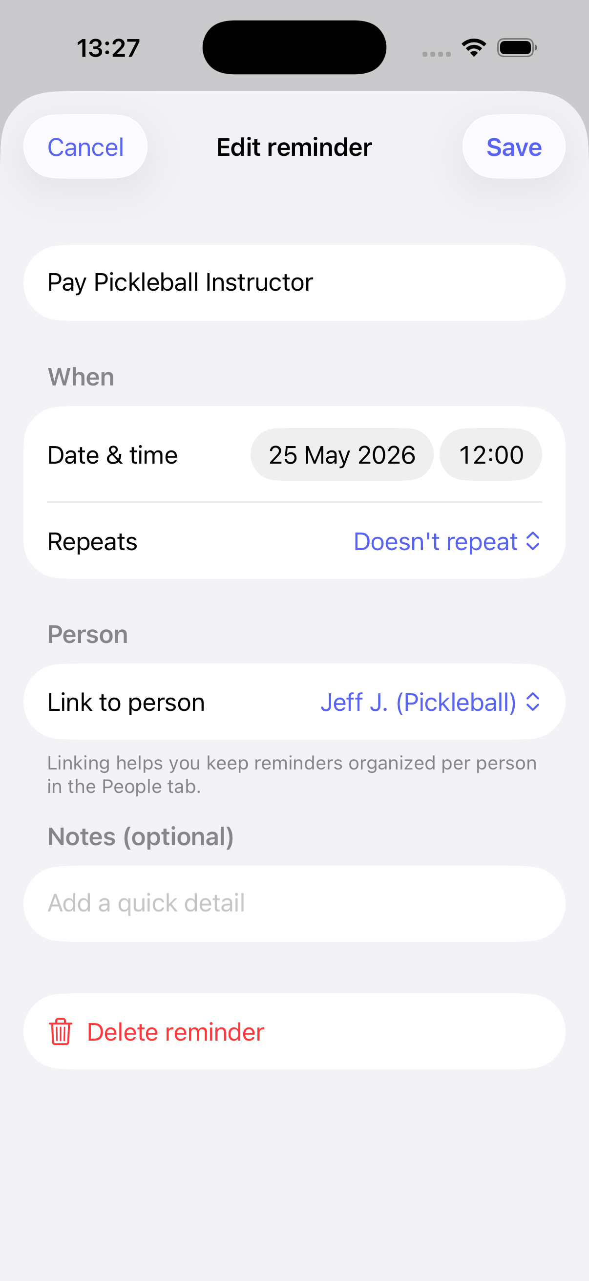 Editing a reminder manually
